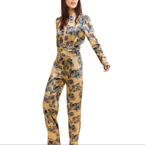 New Ellejay x Free People Ashley 2 XS Champagne Blue Animal Print Silky Jumpsuit - Picture 8 of 13